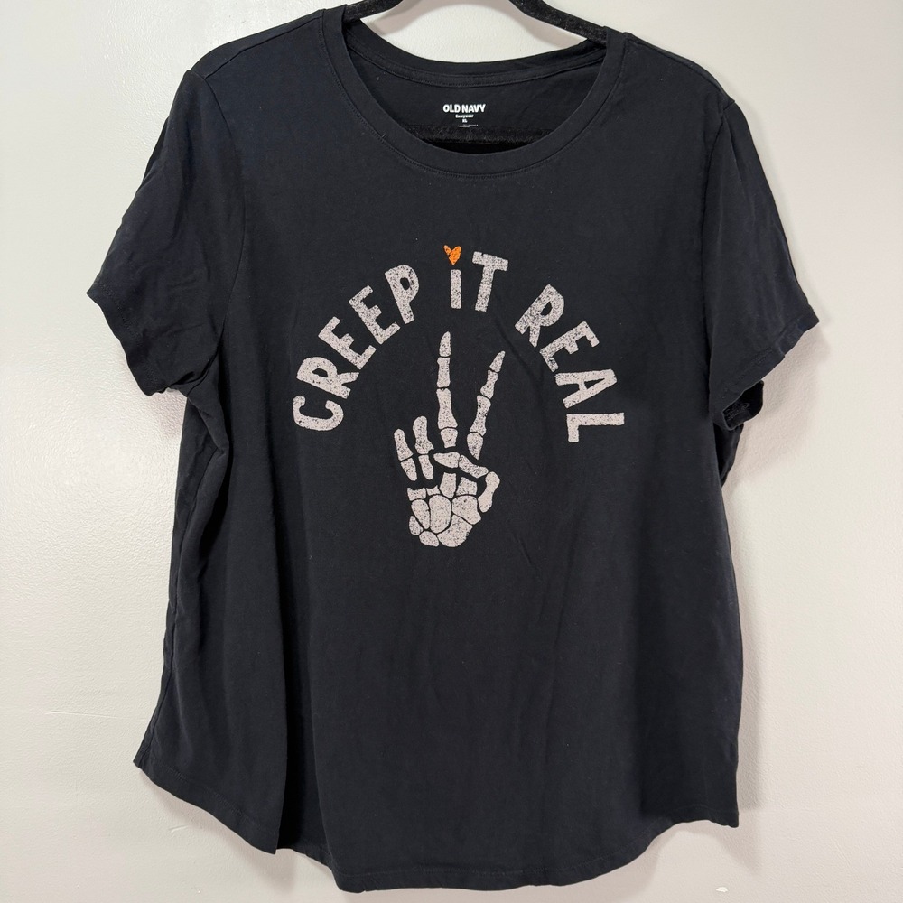 Old Navy Creep It Real Skeleton Peace Sign Graphic Tee Black XL Short Sleeve
